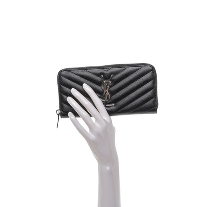 Saint Laurent Grain De Poudre Matelasse Chevron Monogram Zip Around Wallet Black 2 of 6