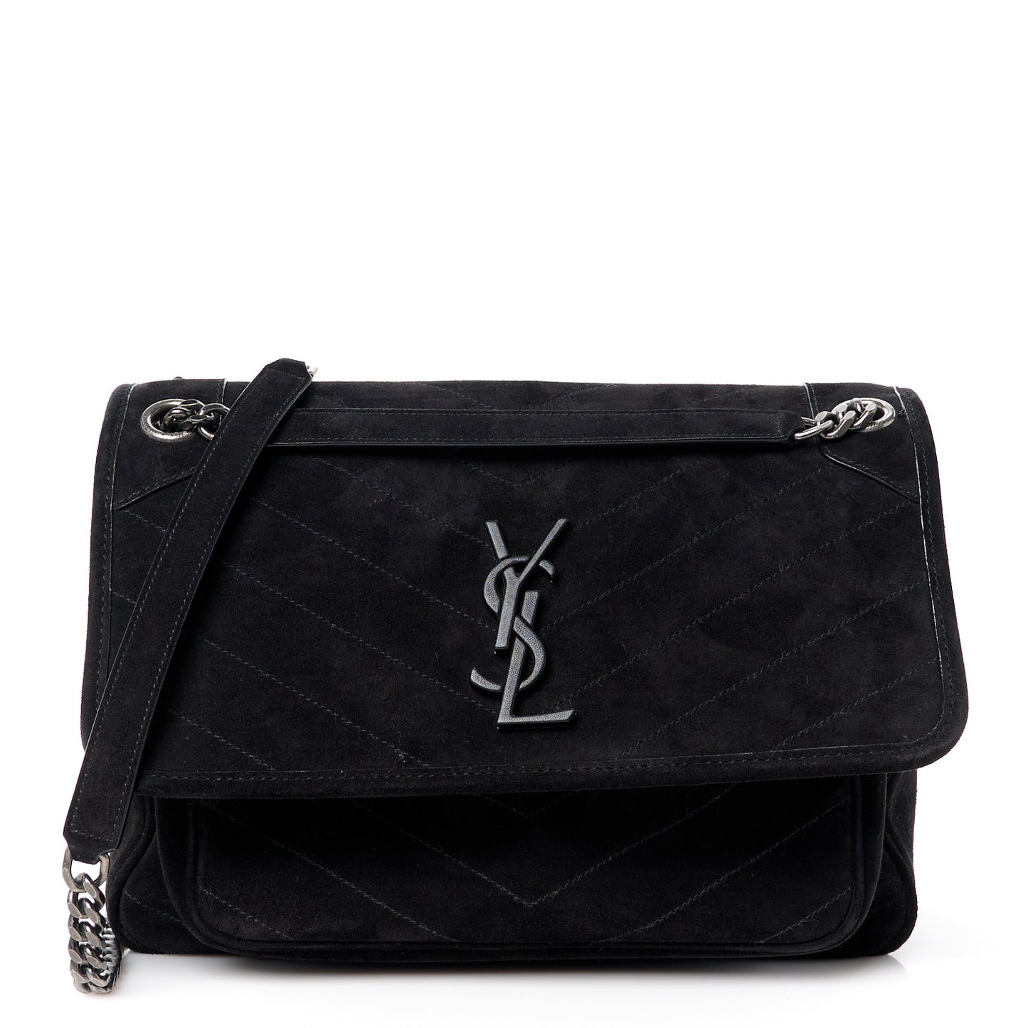 Suede Monogram Medium Niki Chain Satchel Black