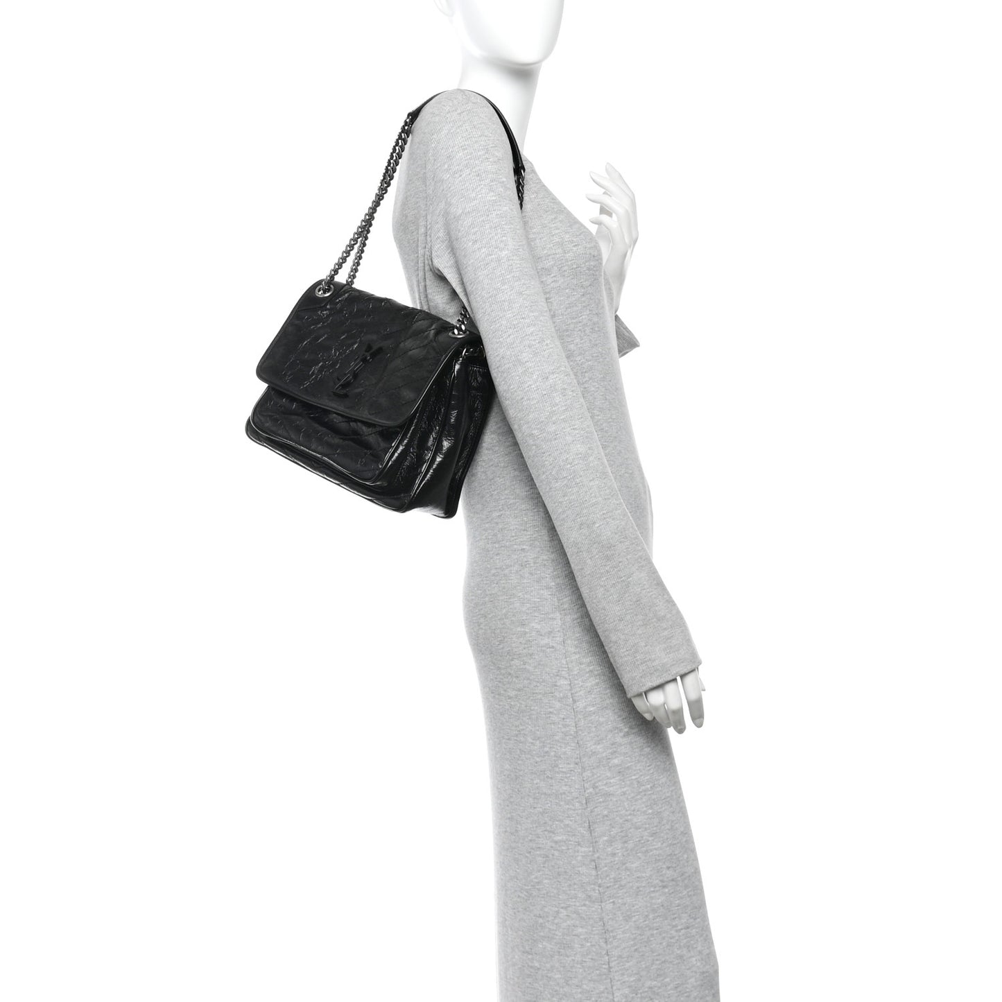 Crinkled Calfskin Matelasse Monogram Medium Niki Chain Satchel Black