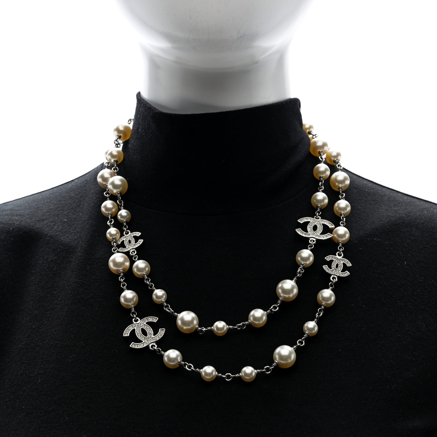 Crystal Pearl CC Long Necklace Silver