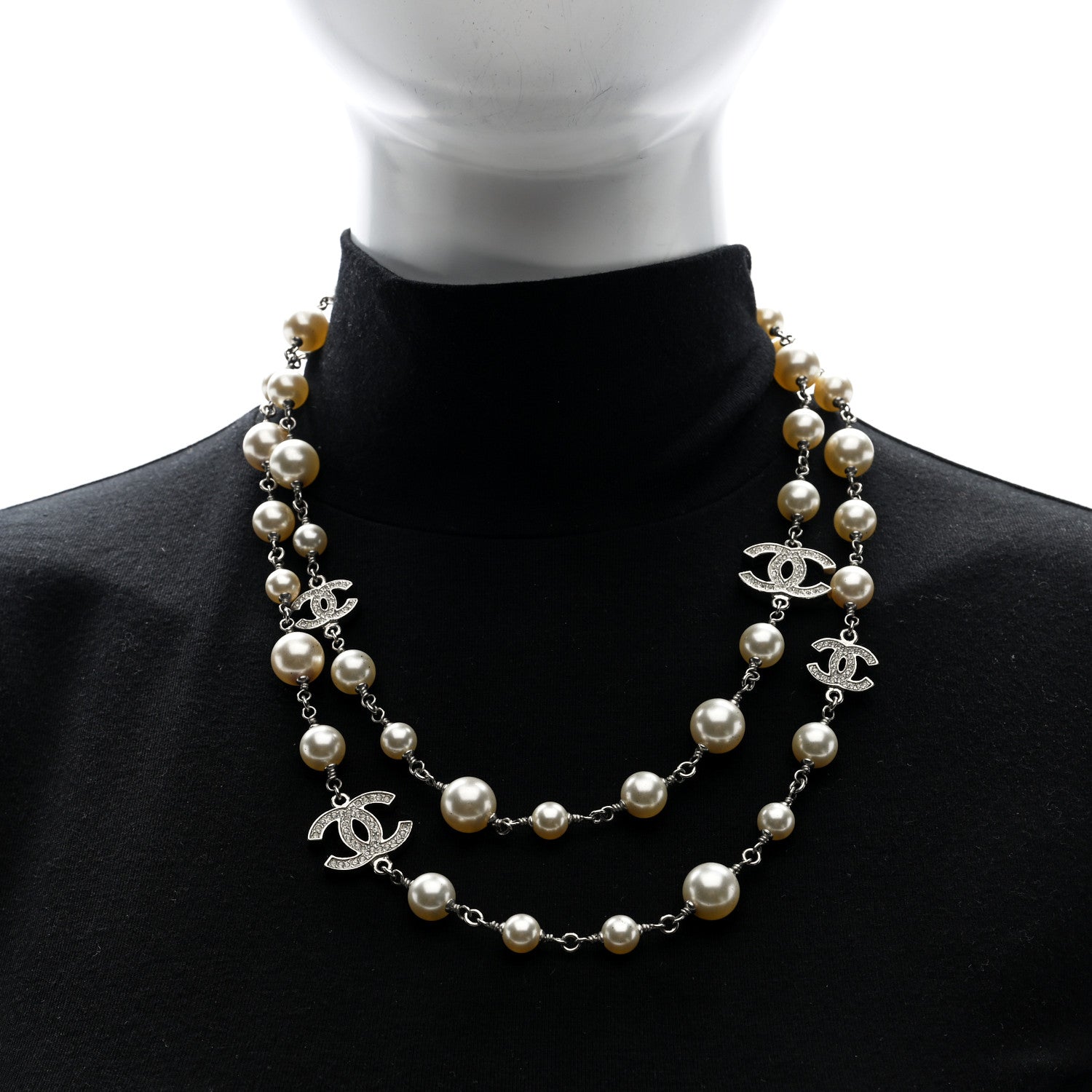 Chanel Crystal Pearl CC Long Necklace Silver 2 of 4