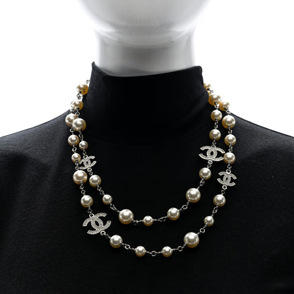 Chanel Crystal Pearl CC Long Necklace Silver 2 of 4