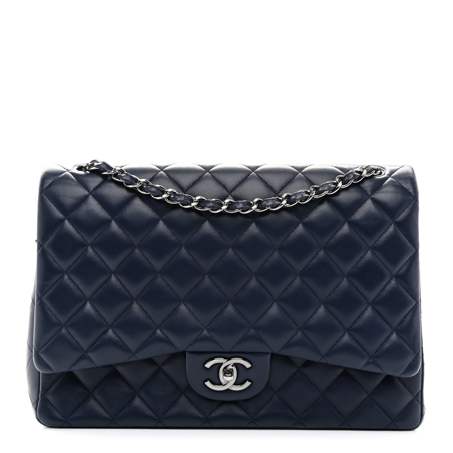 Lambskin Quilted Maxi Double Flap Dark Blue