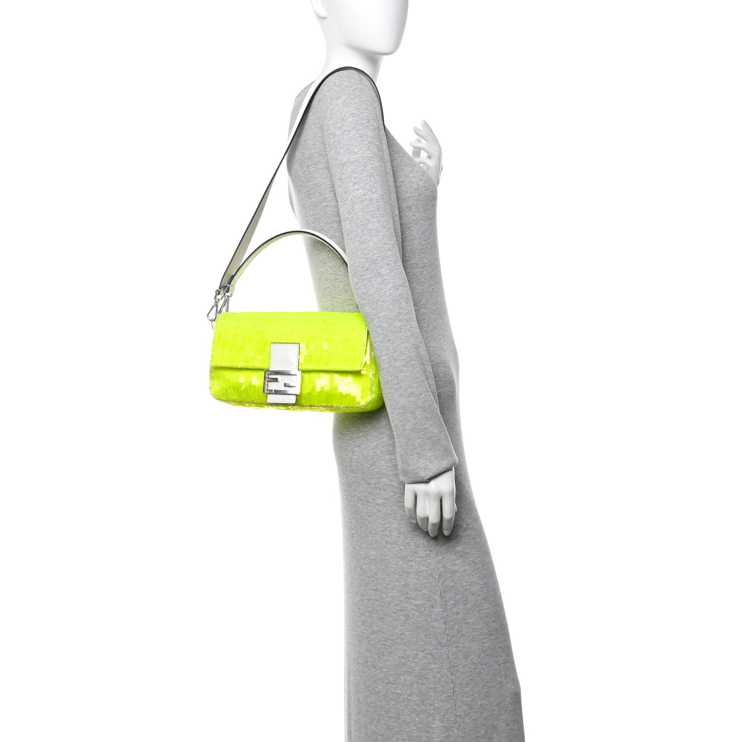Fendi Sequin Paillettes Vitello Elaphe Grace Baguette Yellow Fluo 2 of 10