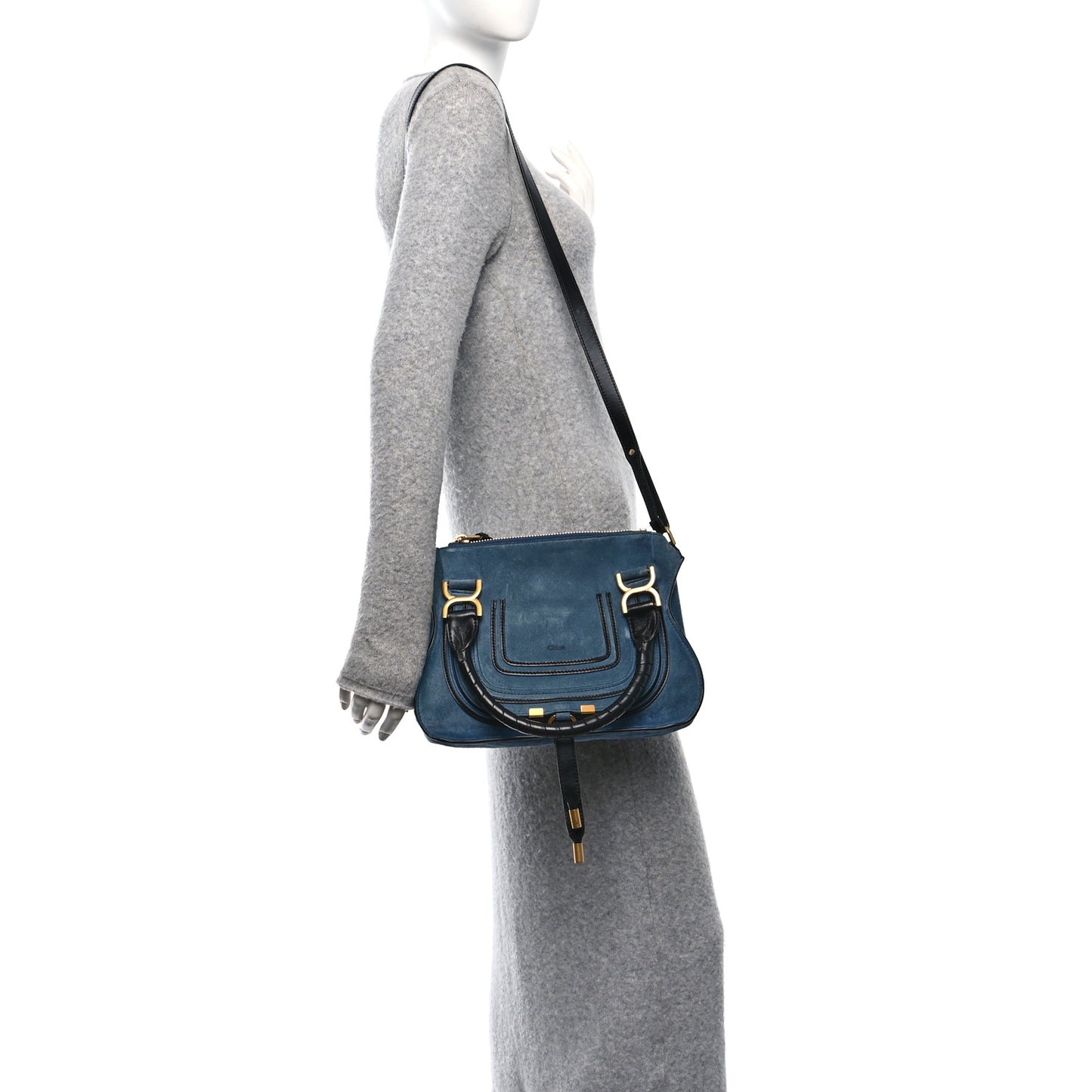 Suede Calfskin Braided Medium Marcie Double Carry Deep Denim