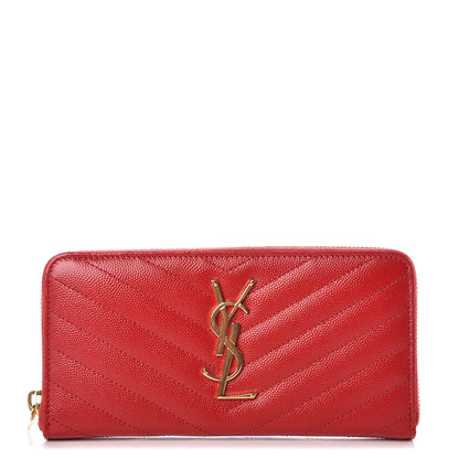 Saint Laurent Grain De Poudre Matelasse Chevron Monogram Zip Around Wallet Red 1 of 8