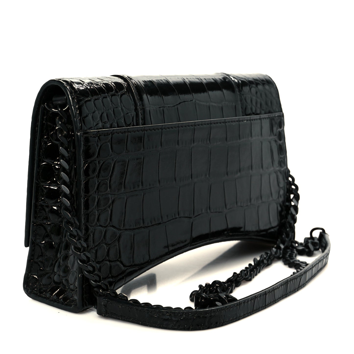 Shiny Calfskin Monochrome Crocodile Embossed Small Hourglass Evening Chain Bag Black