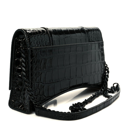 Balenciaga Shiny Calfskin Monochrome Crocodile Embossed Small Hourglass Evening Chain Bag Black 3 of 11