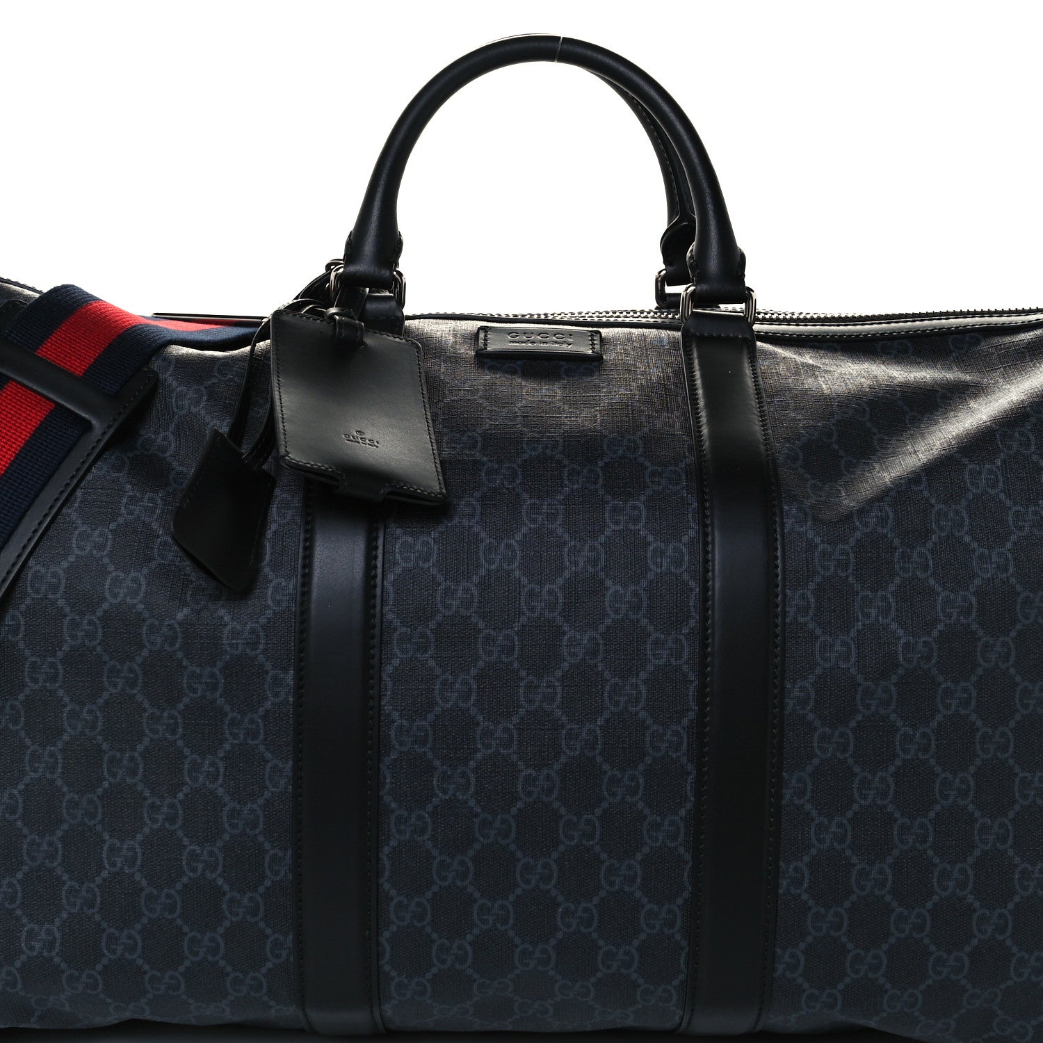 Gucci Soft GG Supreme Monogram Appia Calfskin Web Large Carry On Duffle Bag Black Grey 11 of 13