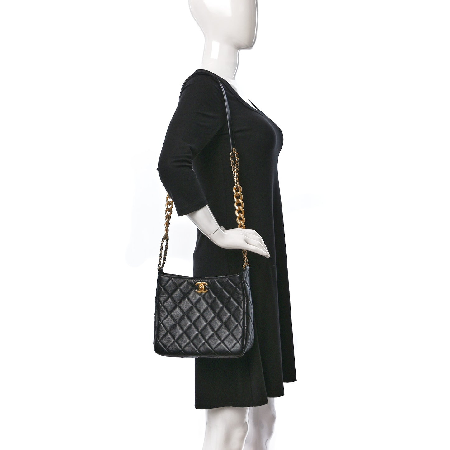 Shiny Lambskin Quilted CC Hobo Black