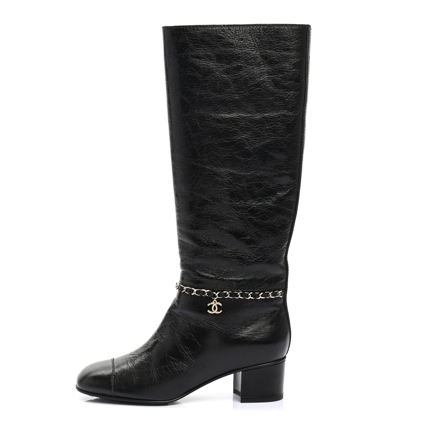 Crumpled Calfskin Cap Toe Chain Boots 38 Black