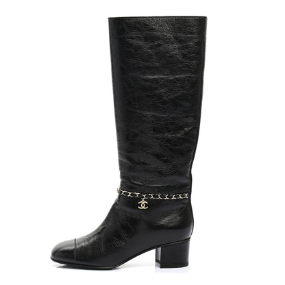 Chanel Crumpled Calfskin Cap Toe Chain Boots 38 Black 1 of 9