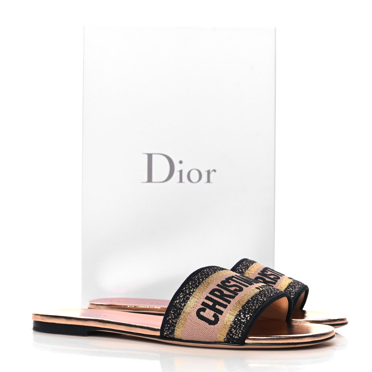 Canvas Lurex Embroidered Dway Flat Slide Sandals 40 Black Gold