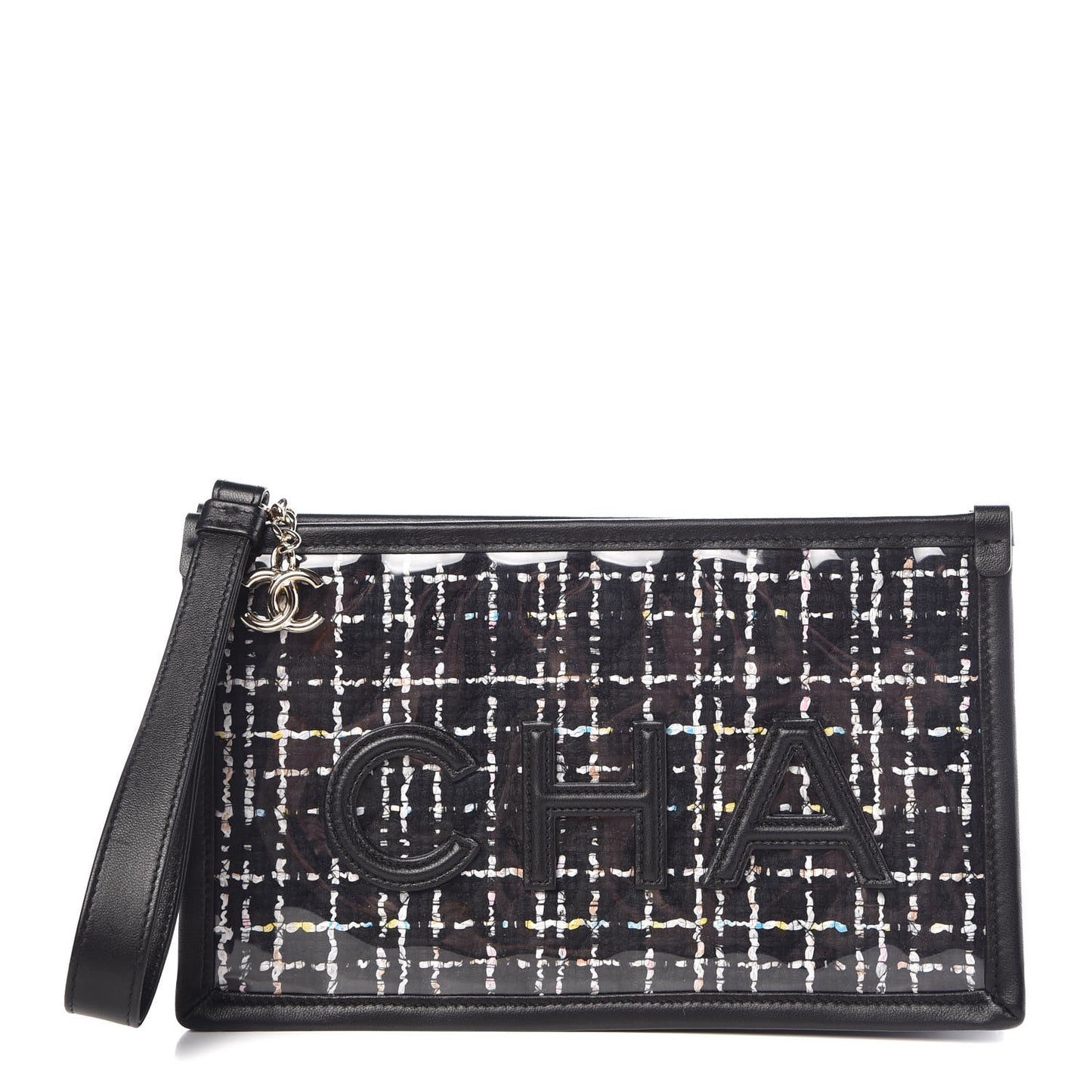 Tweed PVC Lambskin Wristlet Pouch Black