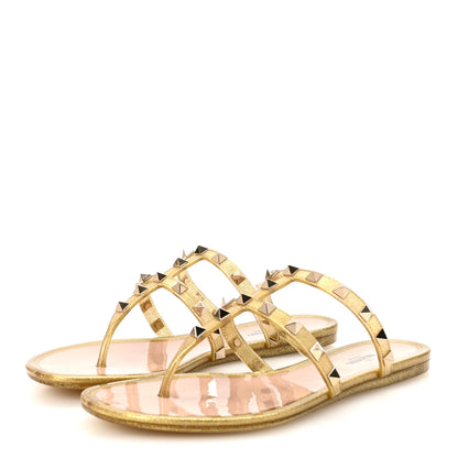 Valentino Garavani PVC Jelly Glitter Rockstud Caged Flat Thong Sandals 37 Oro 4 of 9