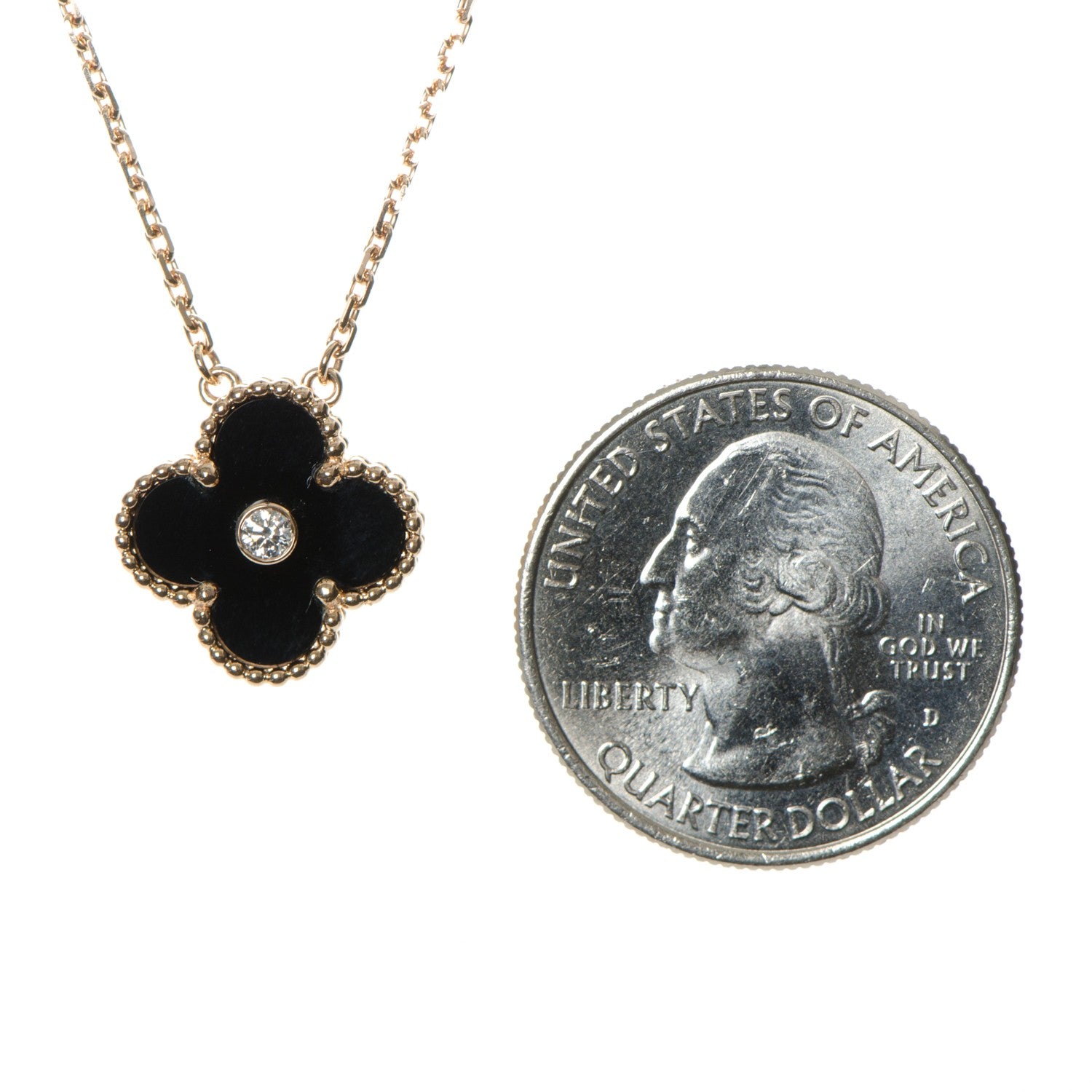 Van Cleef & Arpels 18K Rose Gold Diamond Black Onyx Vintage Alhambra Pendant Necklace 3 of 6