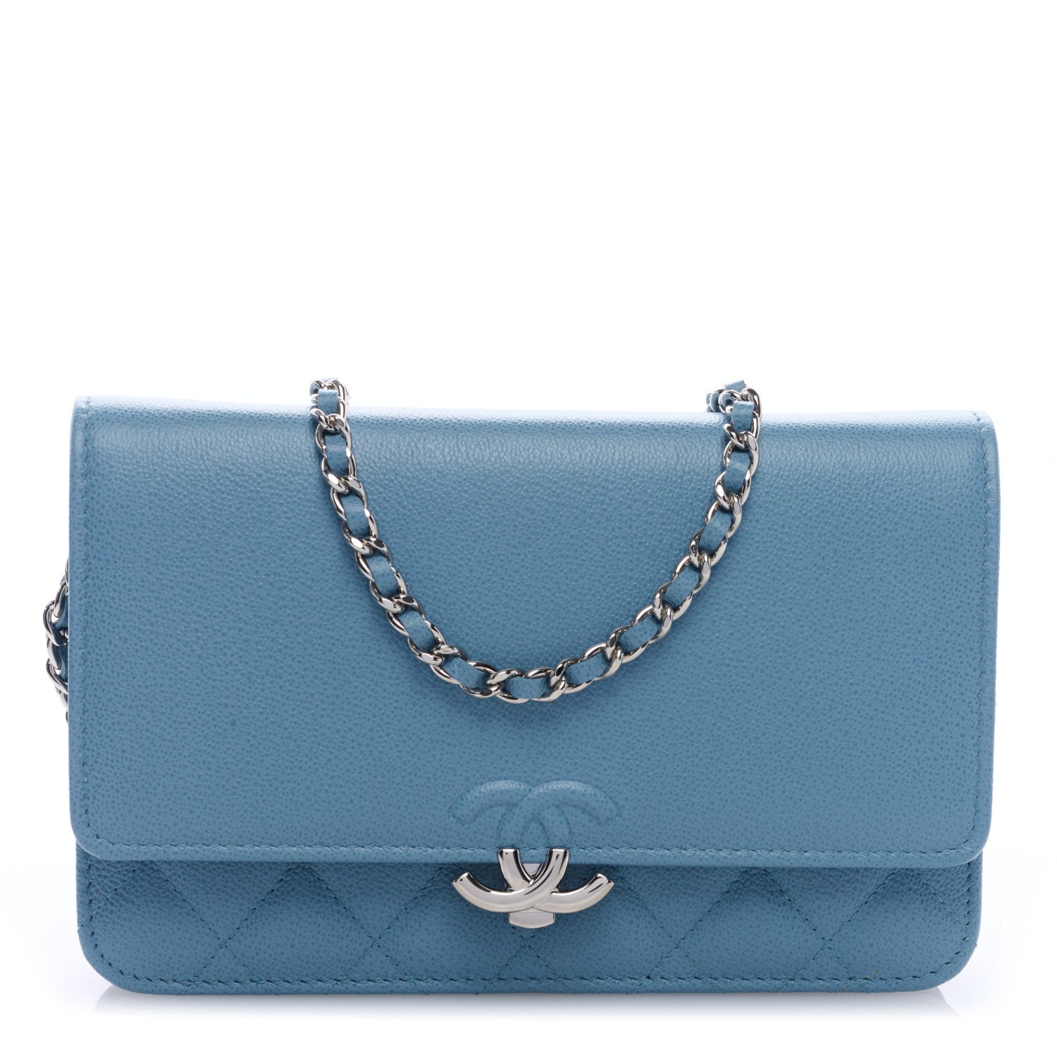 Chanel Grained Calfskin Quilted CC Box Wallet On Chain WOC Blue 1 of 10