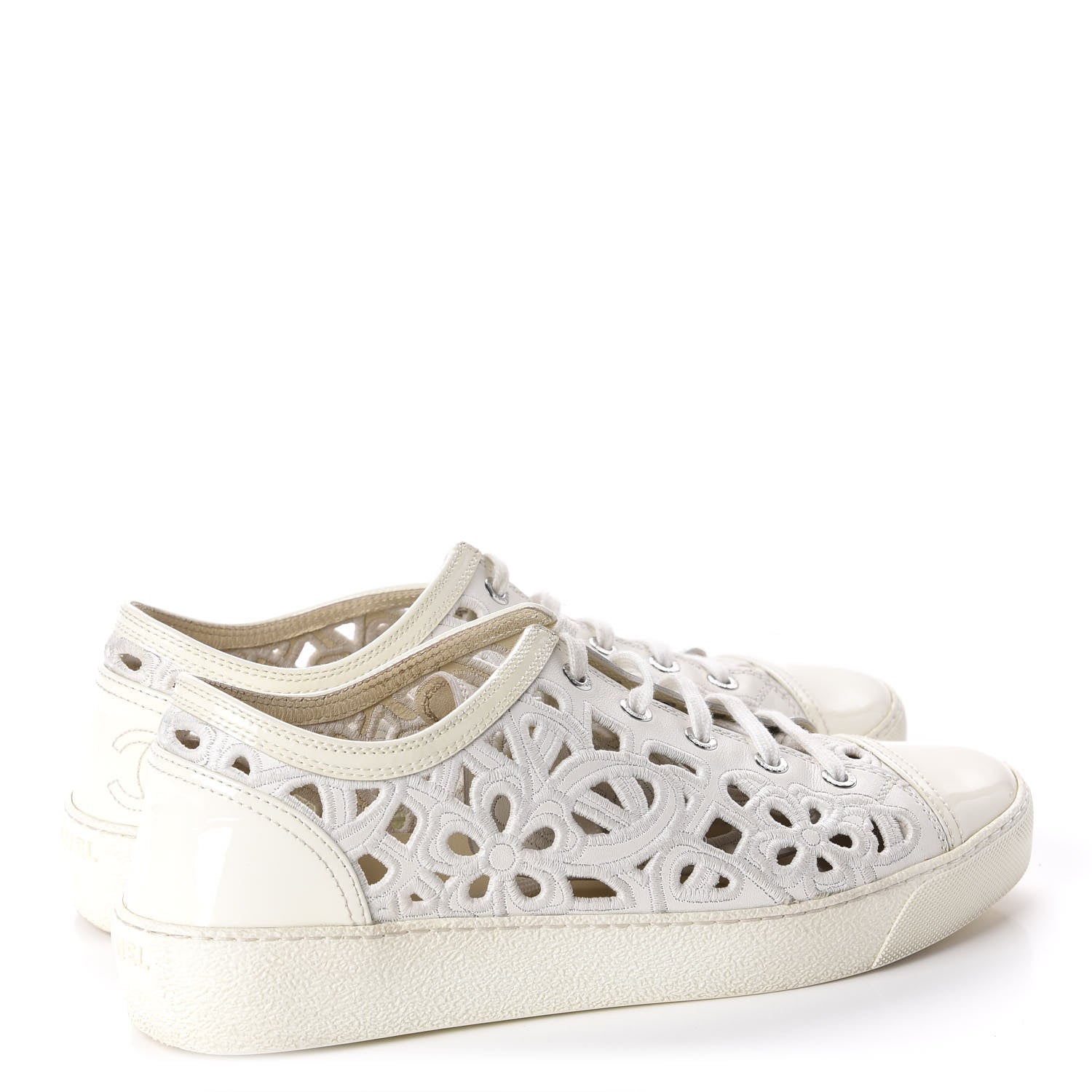 Chanel Patent Grained Goatskin Hollow Out Flower Sneakers 39 White 4 of 11