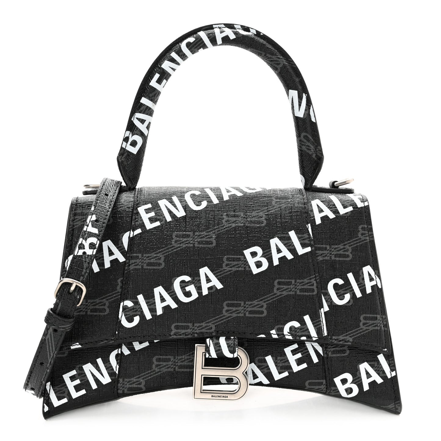 Coated Canvas BB Monogram Allover Logo Small Hourglass Top Handle Bag Black Grey White