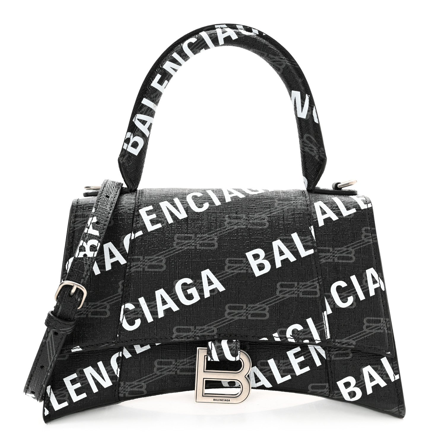 Balenciaga Coated Canvas BB Monogram Allover Logo Small Hourglass Top Handle Bag Black Grey White 1 of 9