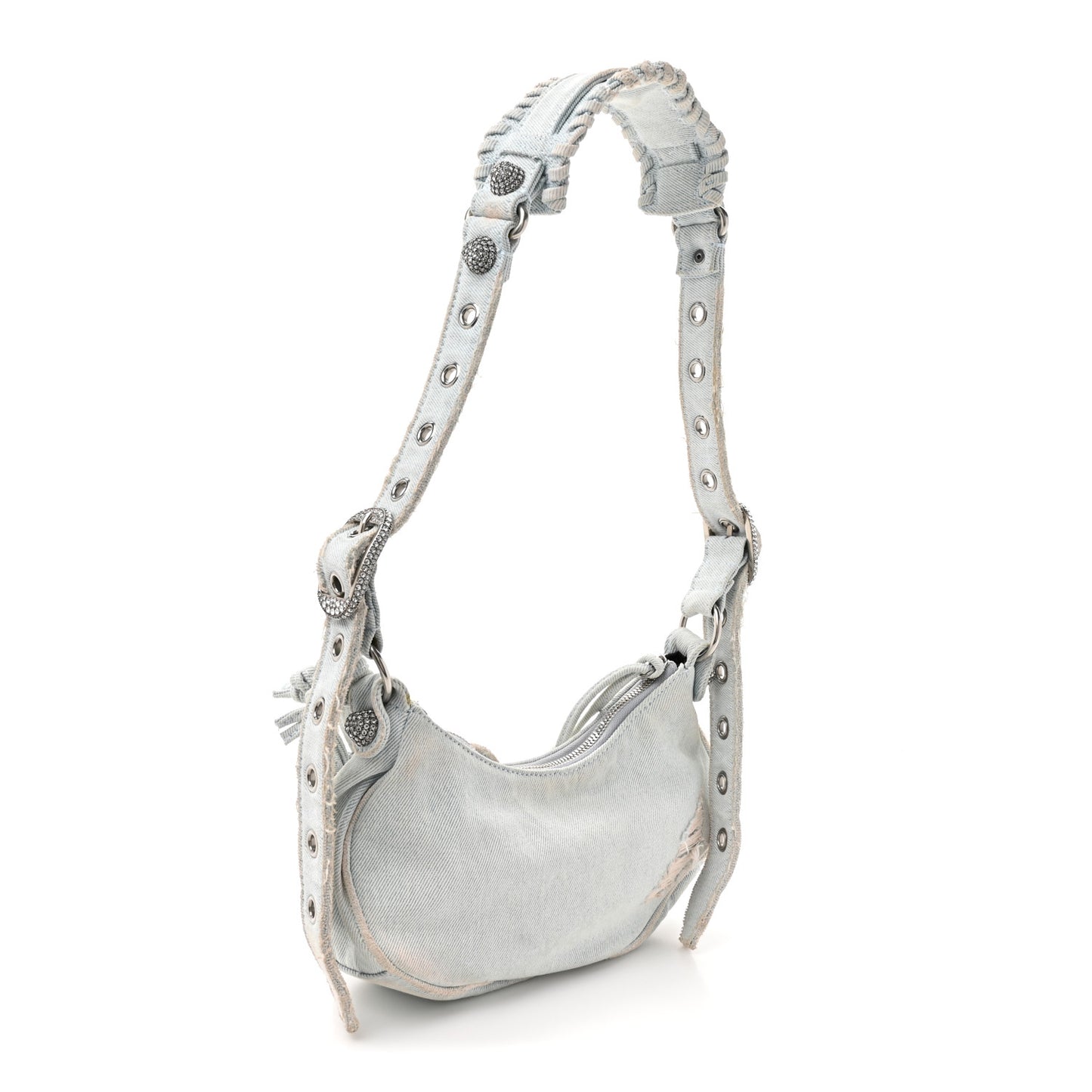 Washed Frayed Denim Crystal XS Le Cagole Shoulder Bag Pale Blue