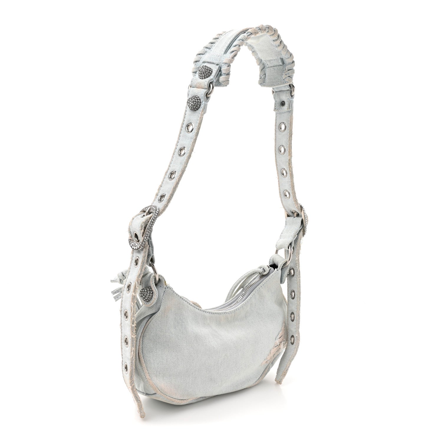Balenciaga Washed Frayed Denim Crystal XS Le Cagole Shoulder Bag Pale Blue 4 of 15