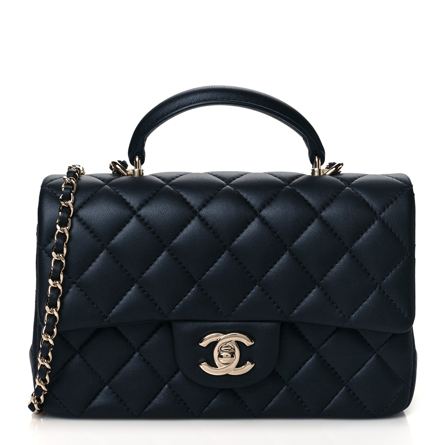 Lambskin Quilted Mini Top Handle Rectangular Flap Navy Blue