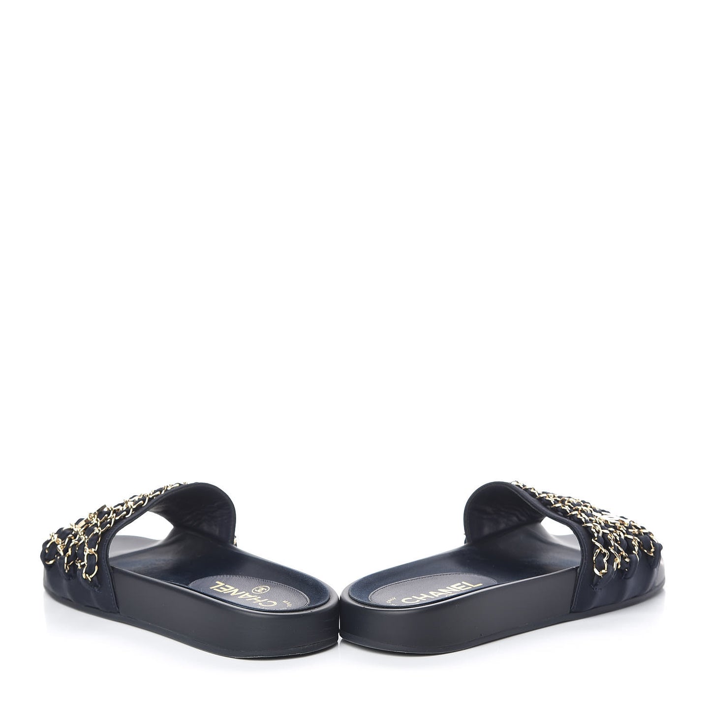 Satin Canvas Chain Slides Sandals Flats 37 Marine