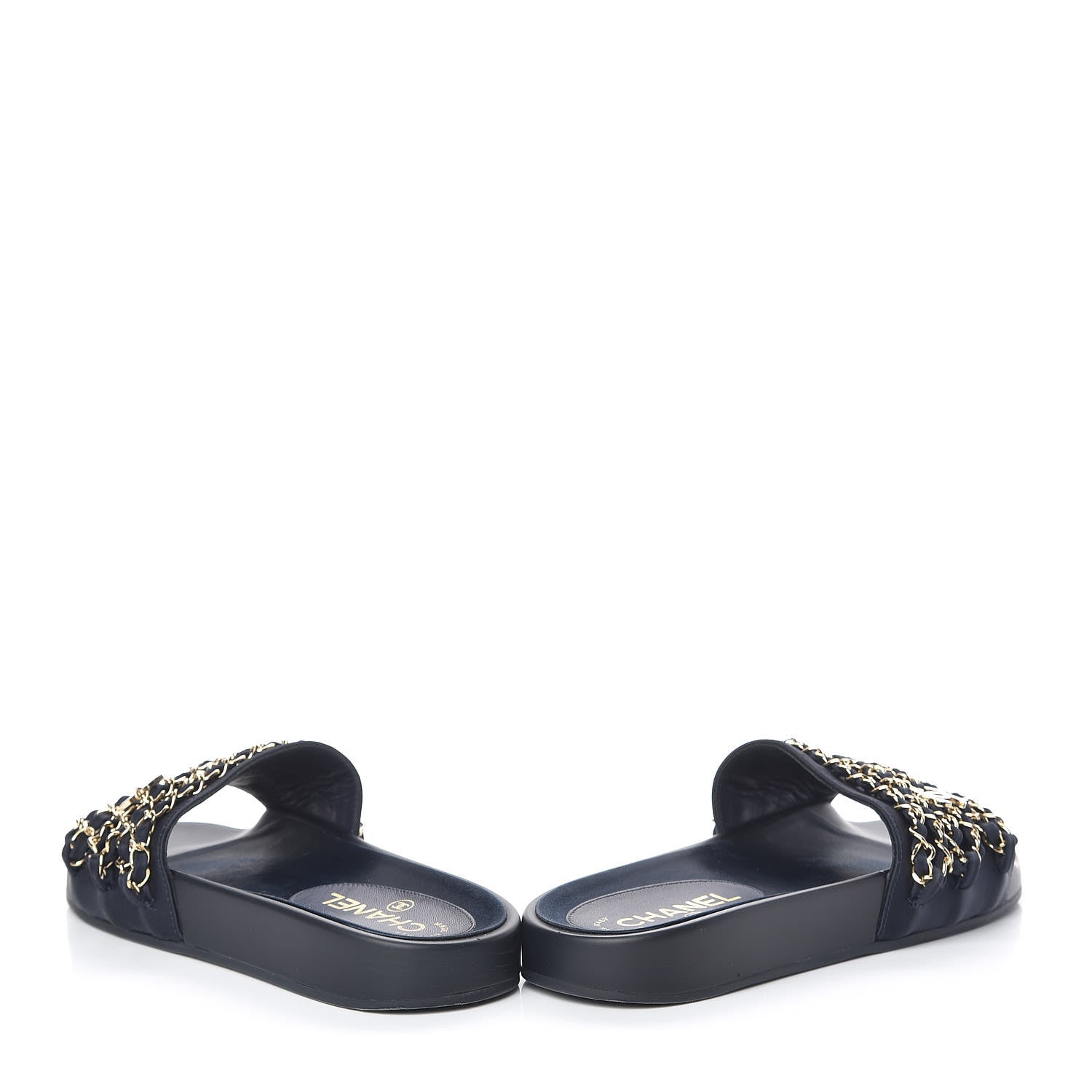 Chanel Satin Canvas Chain Slides Sandals Flats 37 Marine 5 of 14