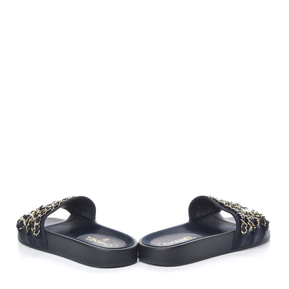 Chanel Satin Canvas Chain Slides Sandals Flats 37 Marine 5 of 14
