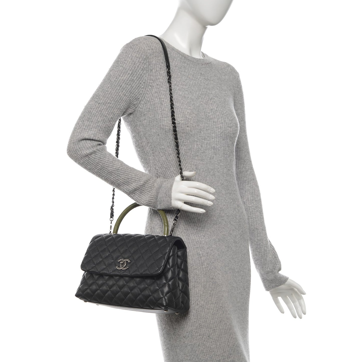 Caviar Lizard Quilted Small Coco Handle Flap Black