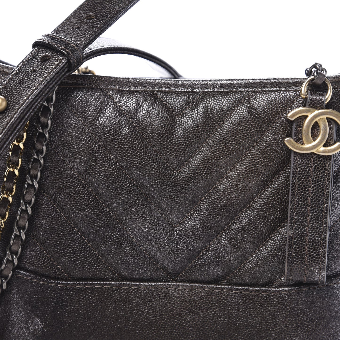 Metallic Caviar Chevron Quilted Small Gabrielle Hobo Brown Gold