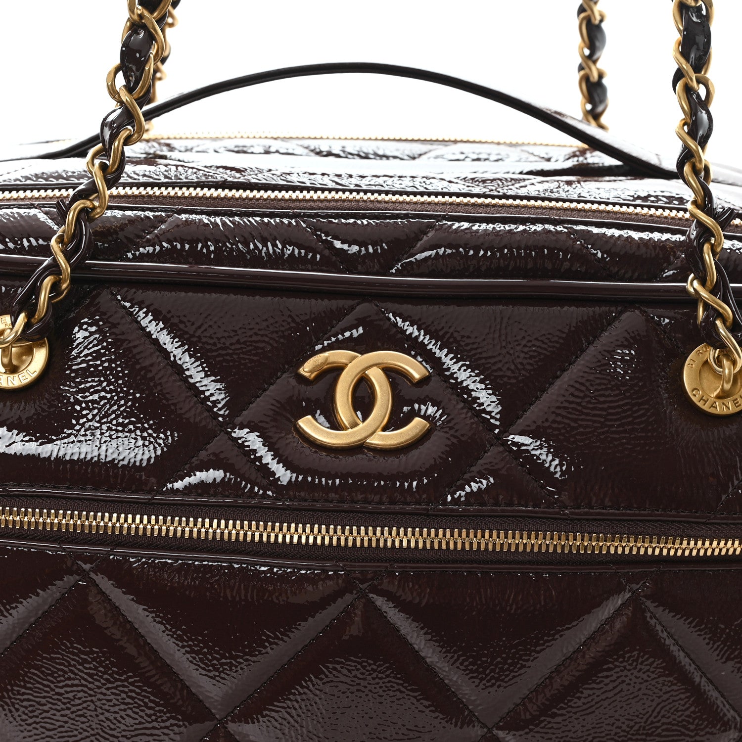 Chanel Patent Crumpled Calfskin Quilted Travel Bowling Bag Dark Brown 8 of 10