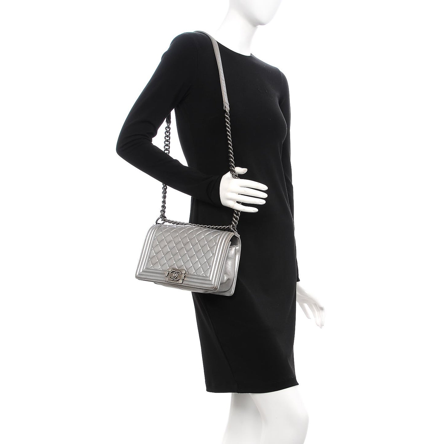Metallic Calfskin Quilted Medium Boy Flap Silver