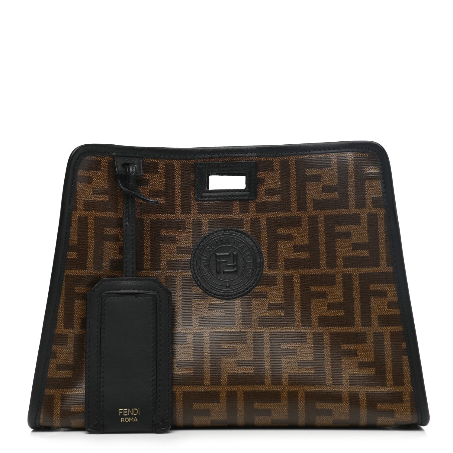 Fendi Glazed Fabric Vitello Century FF 1974 Stamp Patch Mini Peekaboo Defender Cover Mogano Panna Black 1 of 7