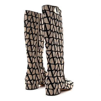 Valentino Garavani Toile Iconographe Calfskin Vlogo Knee High 30mm Boots 37 Naturale Black Fondant 4 of 8