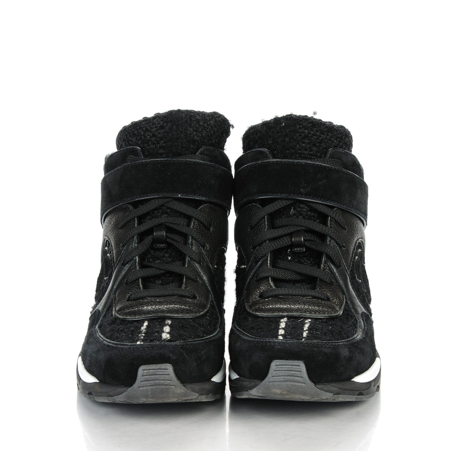 Chanel Tweed Suede Goatskin CC High Top Sneakers 37 Black White 2 of 7