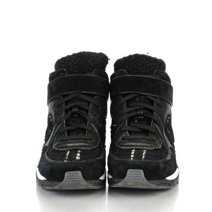 Chanel Tweed Suede Goatskin CC High Top Sneakers 37 Black White 2 of 7