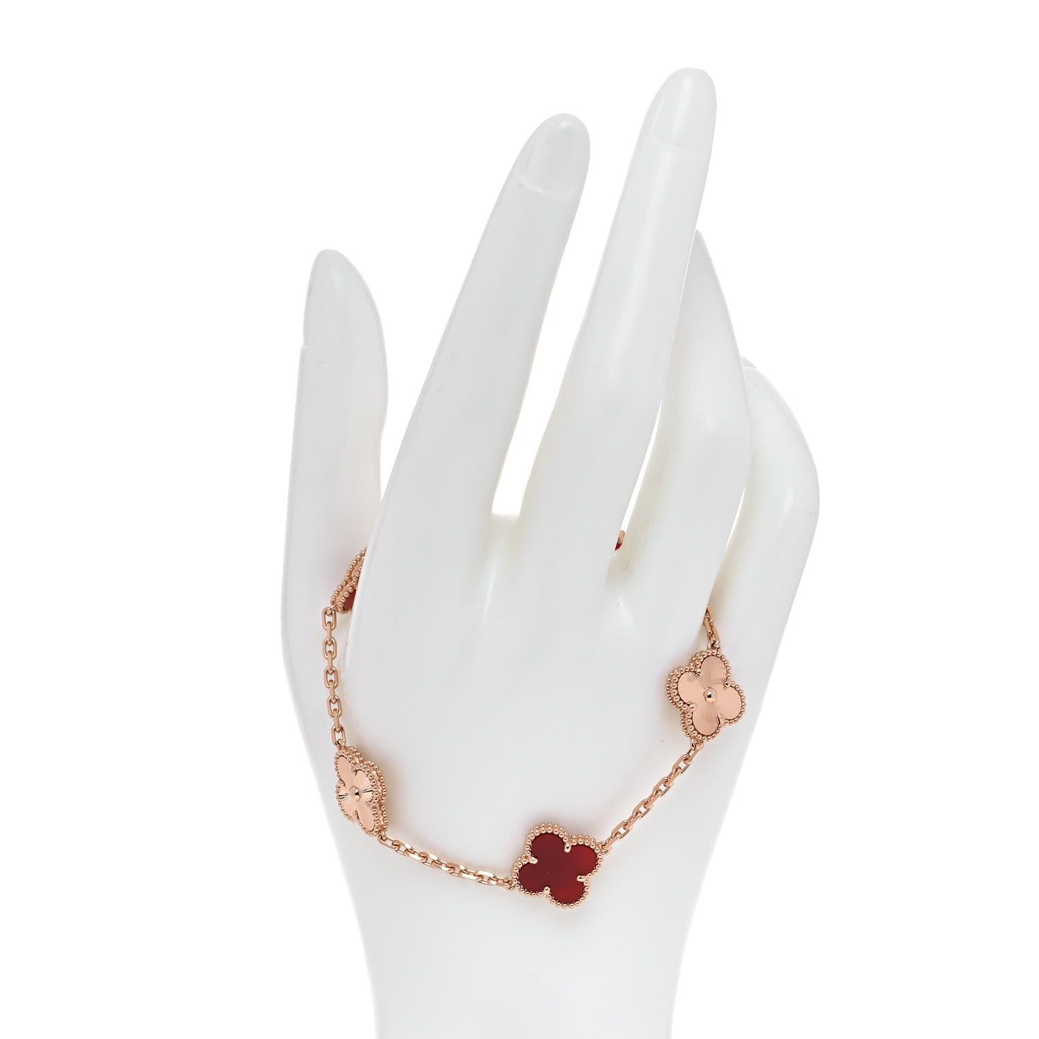 Van Cleef & Arpels 18K Rose Gold Carnelian 5 Motifs Guilloche Vintage Alhambra Bracelet 2 of 10