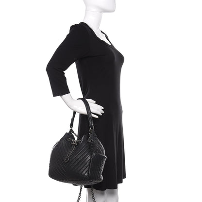 Chanel Deerskin Chevron Medium CC Chain Bucket Drawstring Bag Black 3 of 10