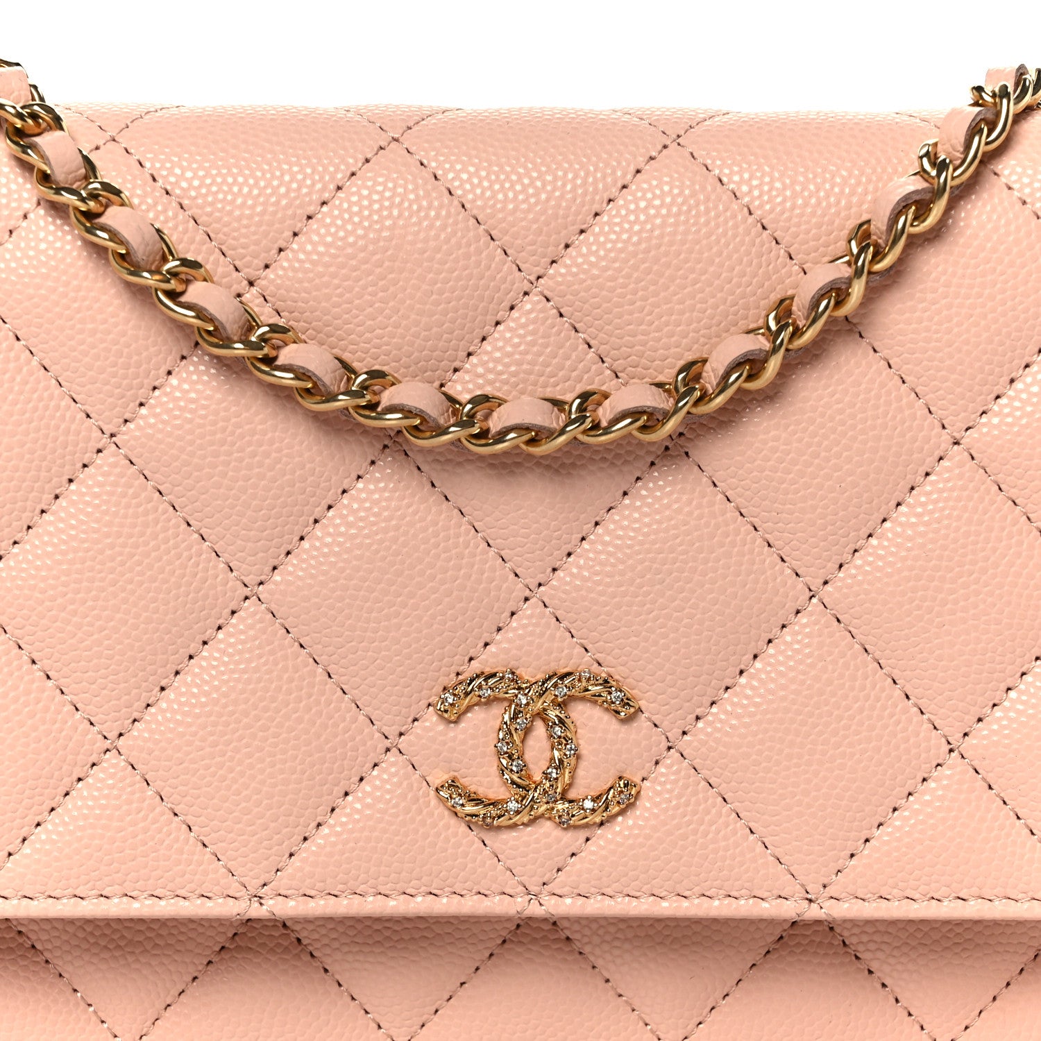 Chanel Grained Calfskin Quilted Strass CC Wallet On Chain WOC Light Pink 9 of 12