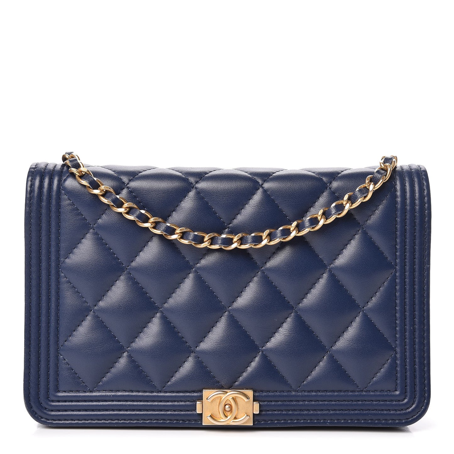 Lambskin Quilted Boy Wallet On Chain WOC Navy Blue