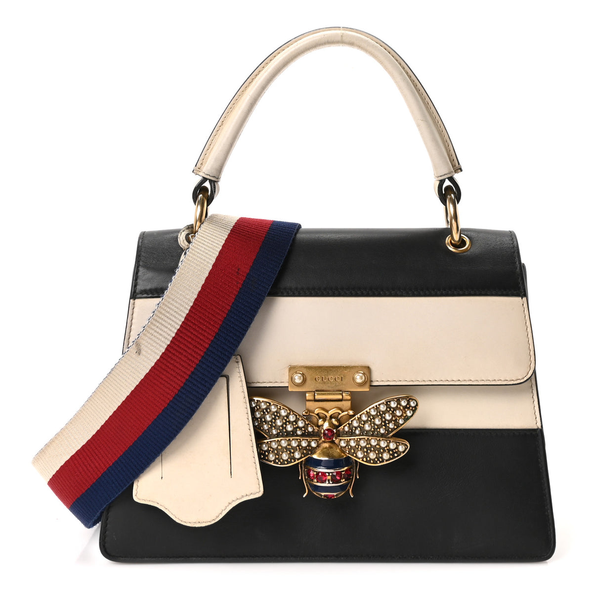 Calfskin Sylvie Web Small Queen Margaret Top Handle Bag Black White