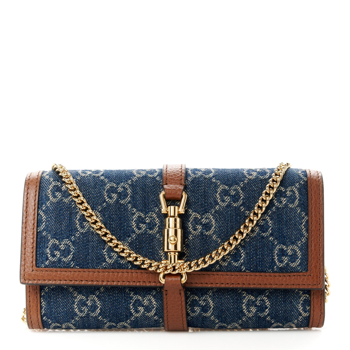 New Denim GG Monogram Jackie 1961 Chain Wallet Blue Tea Cuir