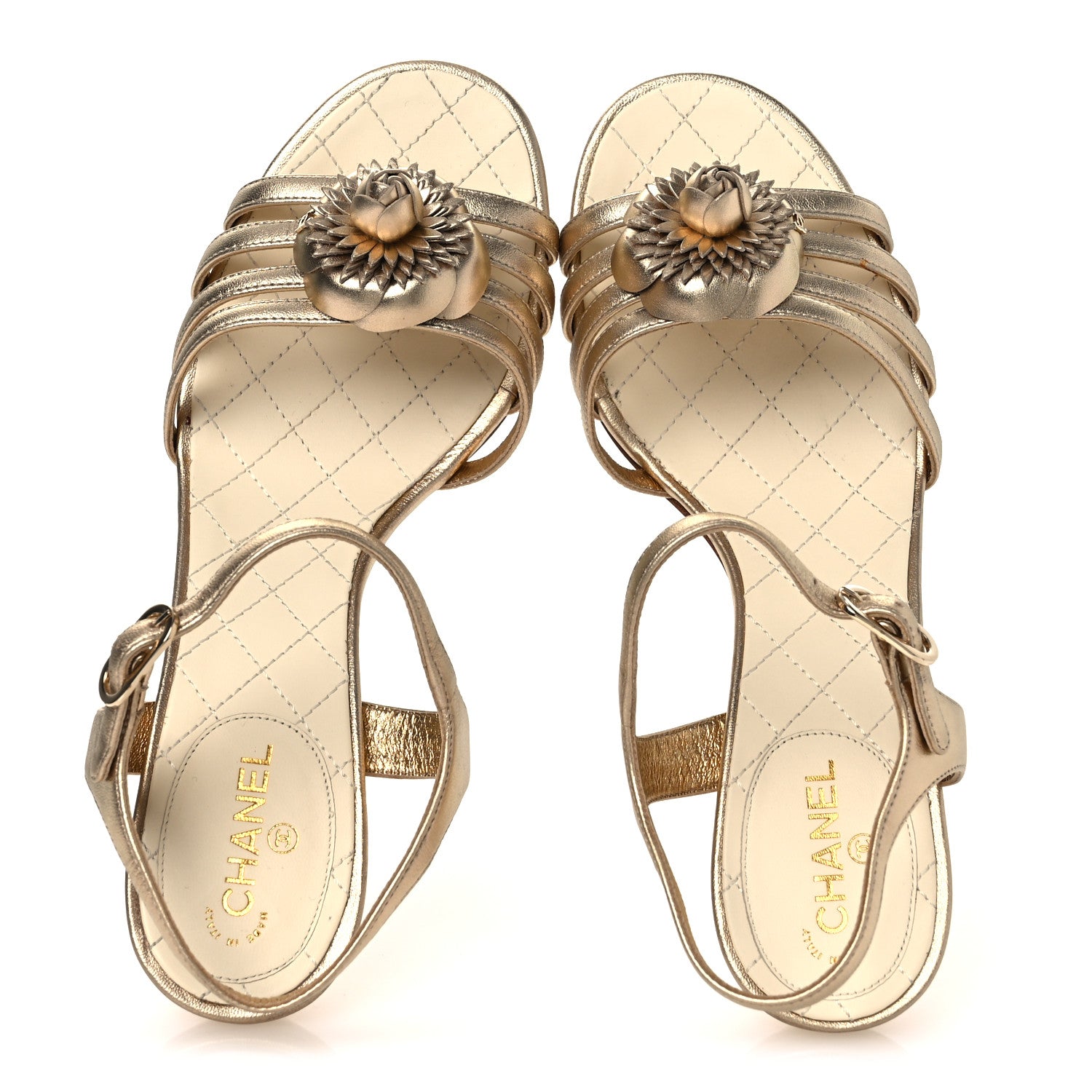 Chanel Metallic Lambskin Camellia Sandals 37.5 Gold 2 of 13