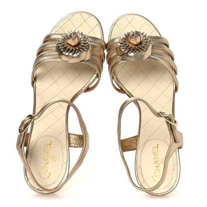 Chanel Metallic Lambskin Camellia Sandals 37.5 Gold 2 of 13