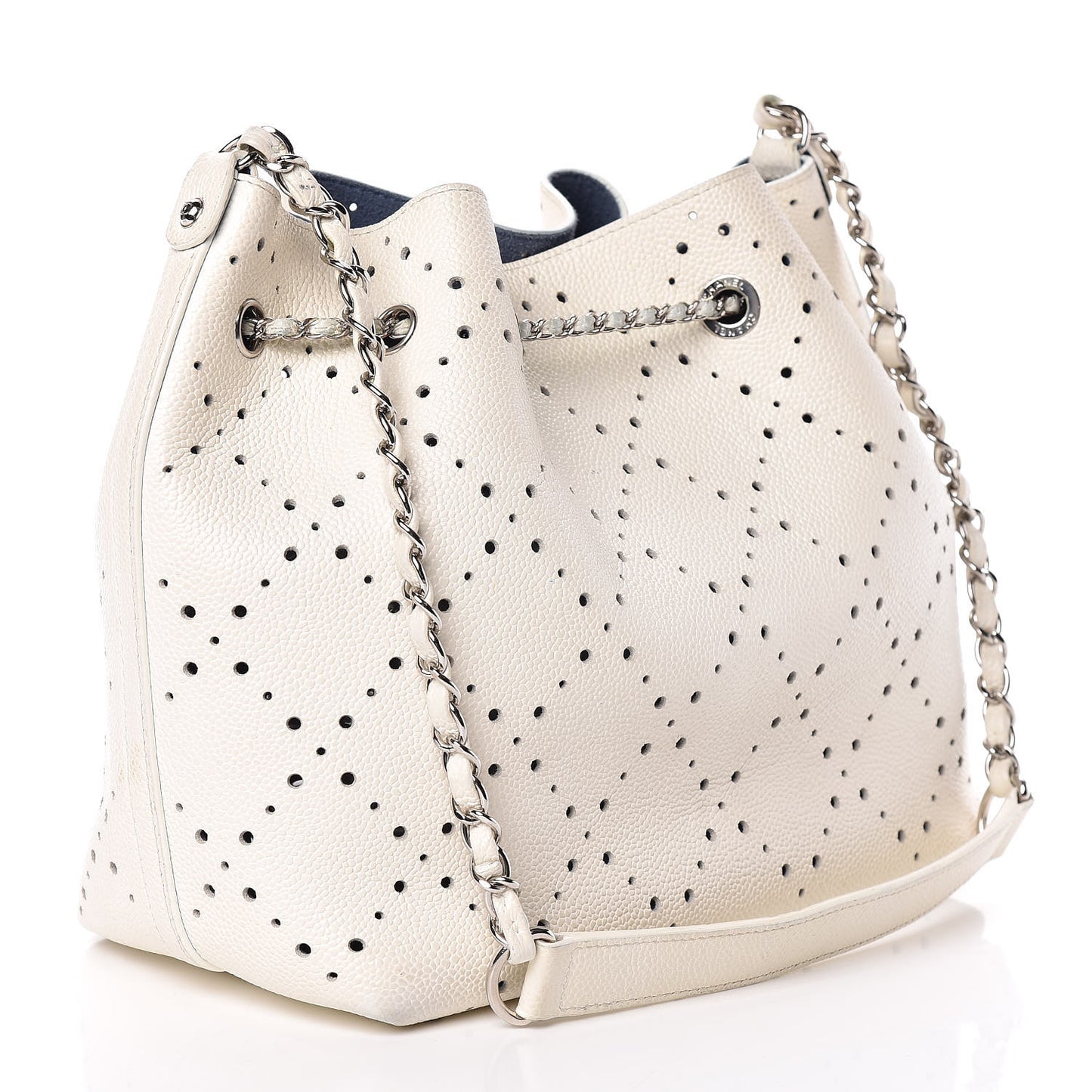 Caviar Perforated Drawstring CC Bag White