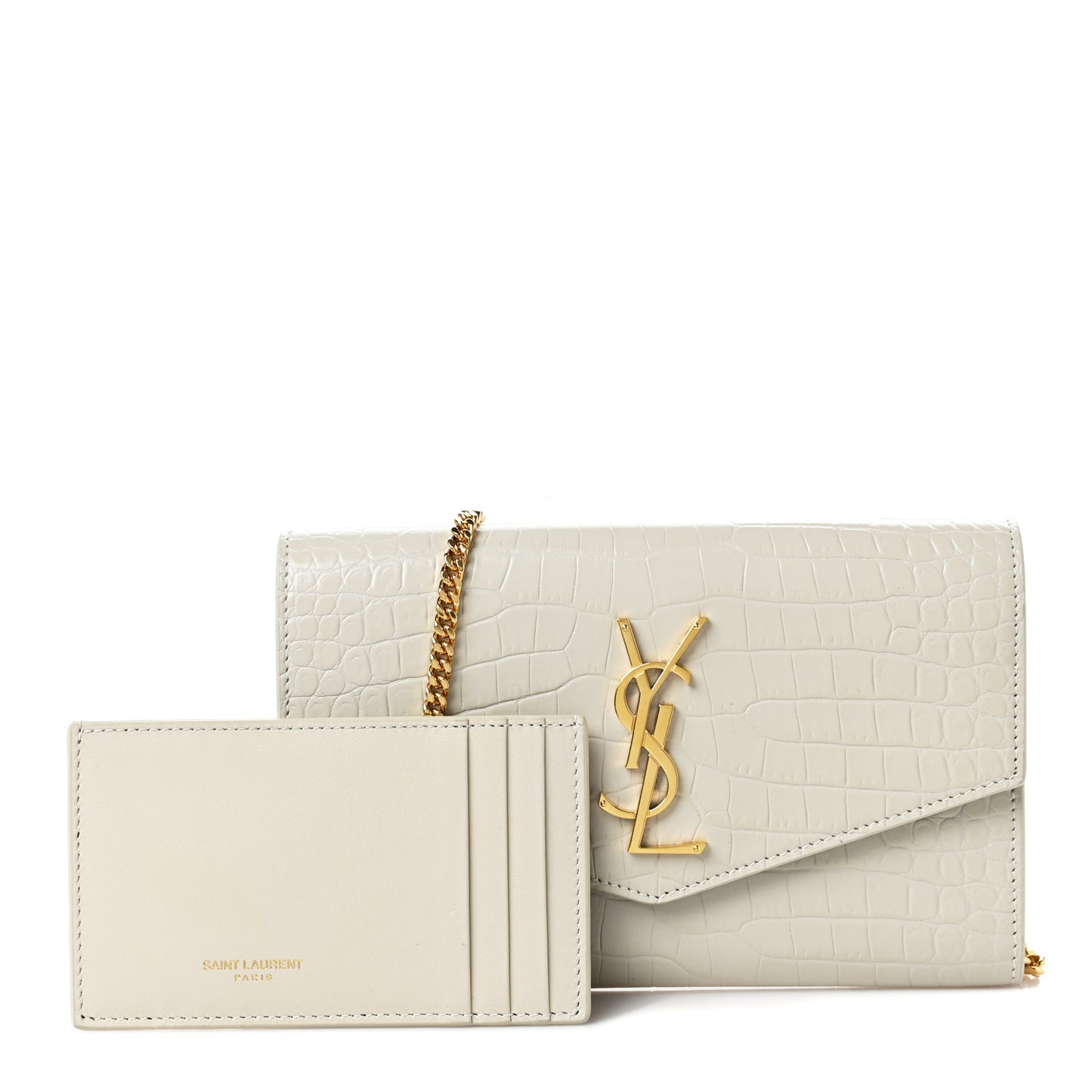 Calfskin Crocodile Embossed Monogram Uptown Chain Wallet Crema Soft