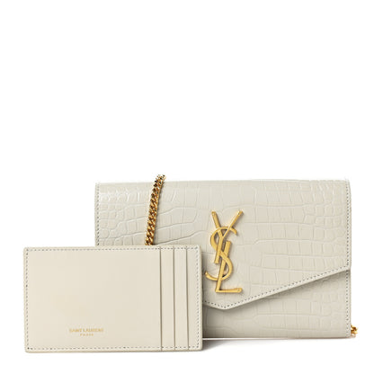 Saint Laurent Calfskin Crocodile Embossed Monogram Uptown Chain Wallet Crema Soft 1 of 8