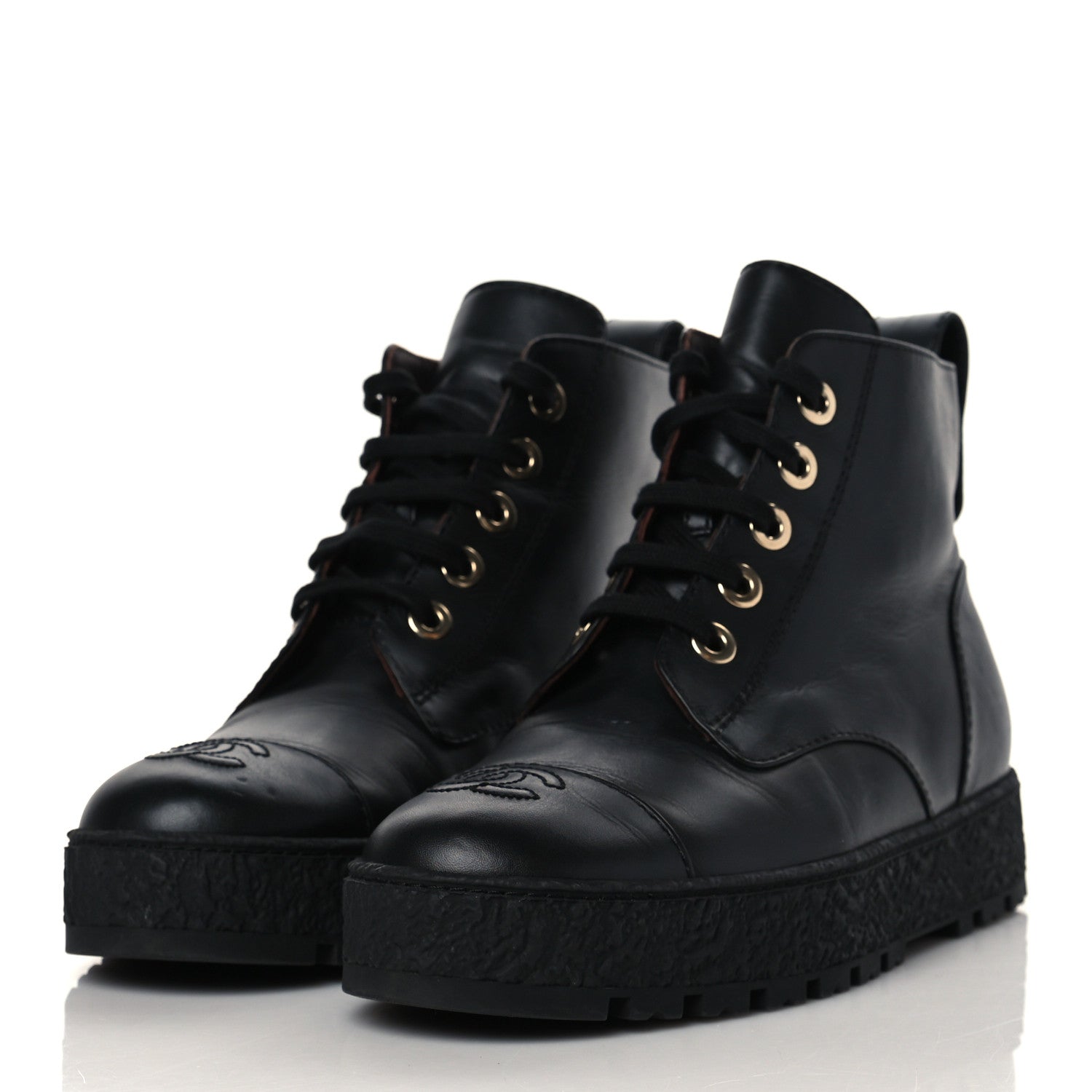 Chanel Calfskin Lace Up Cap Toe CC Boots 39.5 Black 3 of 9